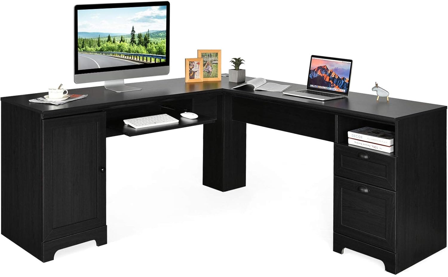 Tangkula L-Shaped Desk, 66 × 66 Corner Computer Desk with Drawers and Storage Cabinet, Home Office Desk, Space-Saving L Shape Executive Desk, Brown