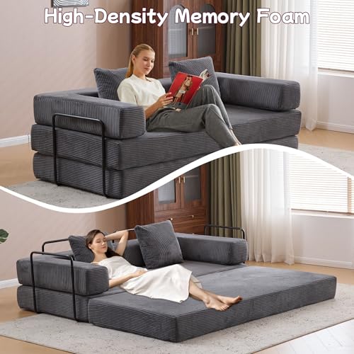 Convertible Floor Sofa Bed, Foldable Mattress Cloud Couch with Pillow Back & Armrest, Chenille Sleeper Sofa Bed with Fixed-Shape Frame