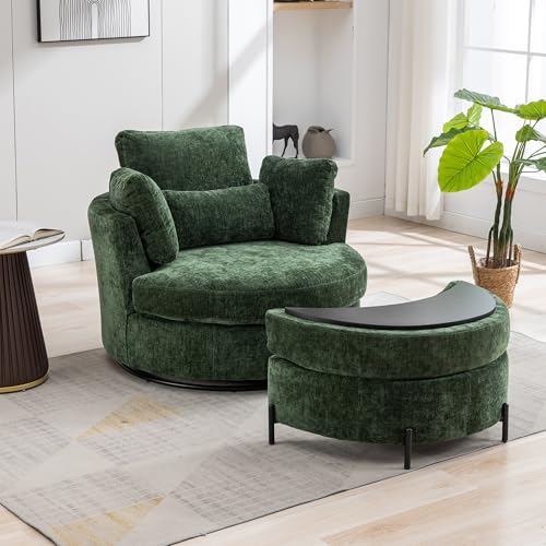 Aoiy & Wifon 42.2" W Oversized Swivel Barrel Chair with Ottoman, Upholstered Round Accent Chair with Storage Ottoman, Chenille, Beige
