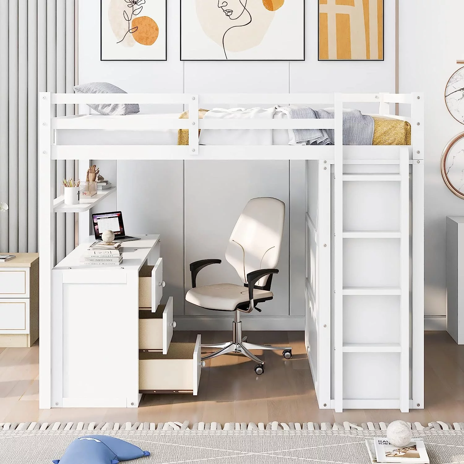Momspeace Full Size Loft Bed with Wardrobe, Wood Loft Bed Frame with Desk 3 Storage Drawers Shelf Space Saving Platform Bed - White