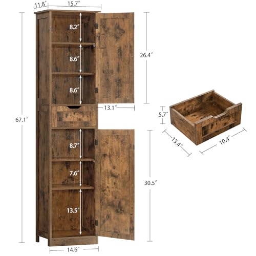 Iwell 67" Tall Bathroom Cabinet, Storage Cabinet with 2 Doors & 1 Drawer, Bathroom Storage Cabinets with Adjustable Shelves, for Living Room