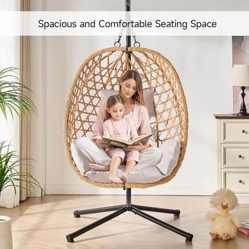 Egg Chair with Stand, Wicker Rattan Swing Hammock Chair with Fine Lace & Cushion, Hanging Chair with Double Chains
