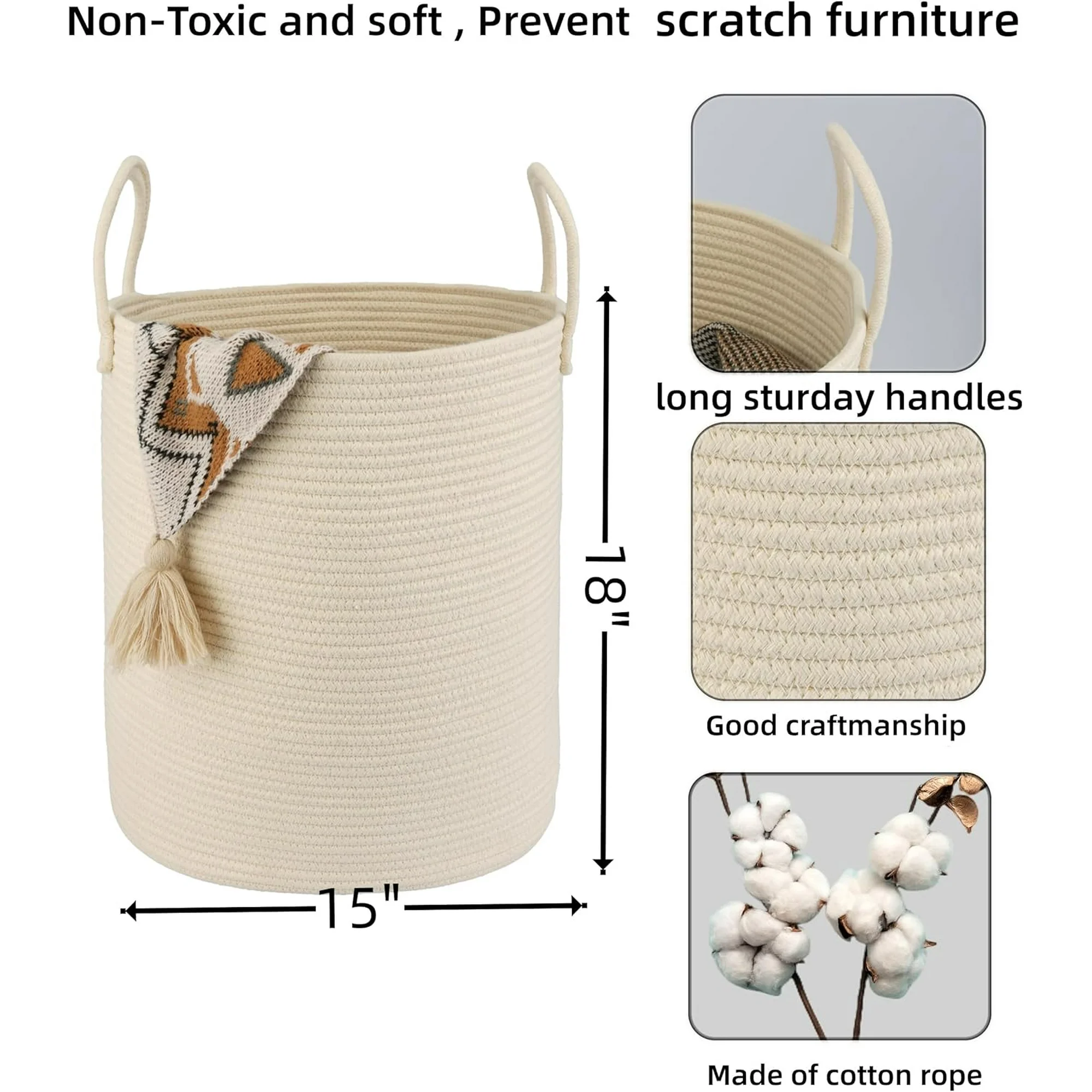WarmHavenv Cotton Rope Laundry Basket Hamper for Clothes Woven Storage Basket for Living Room Bedroom Boho Tall Rope Baskets for Blanket Toys Pillow