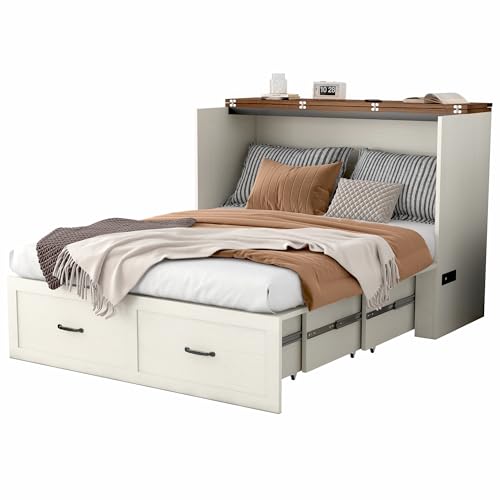 Full Size Murphy Chest Bed with Drawer and Charging Station, Farmhouse Wood Space-Saving Hidden Folding Bed Chest