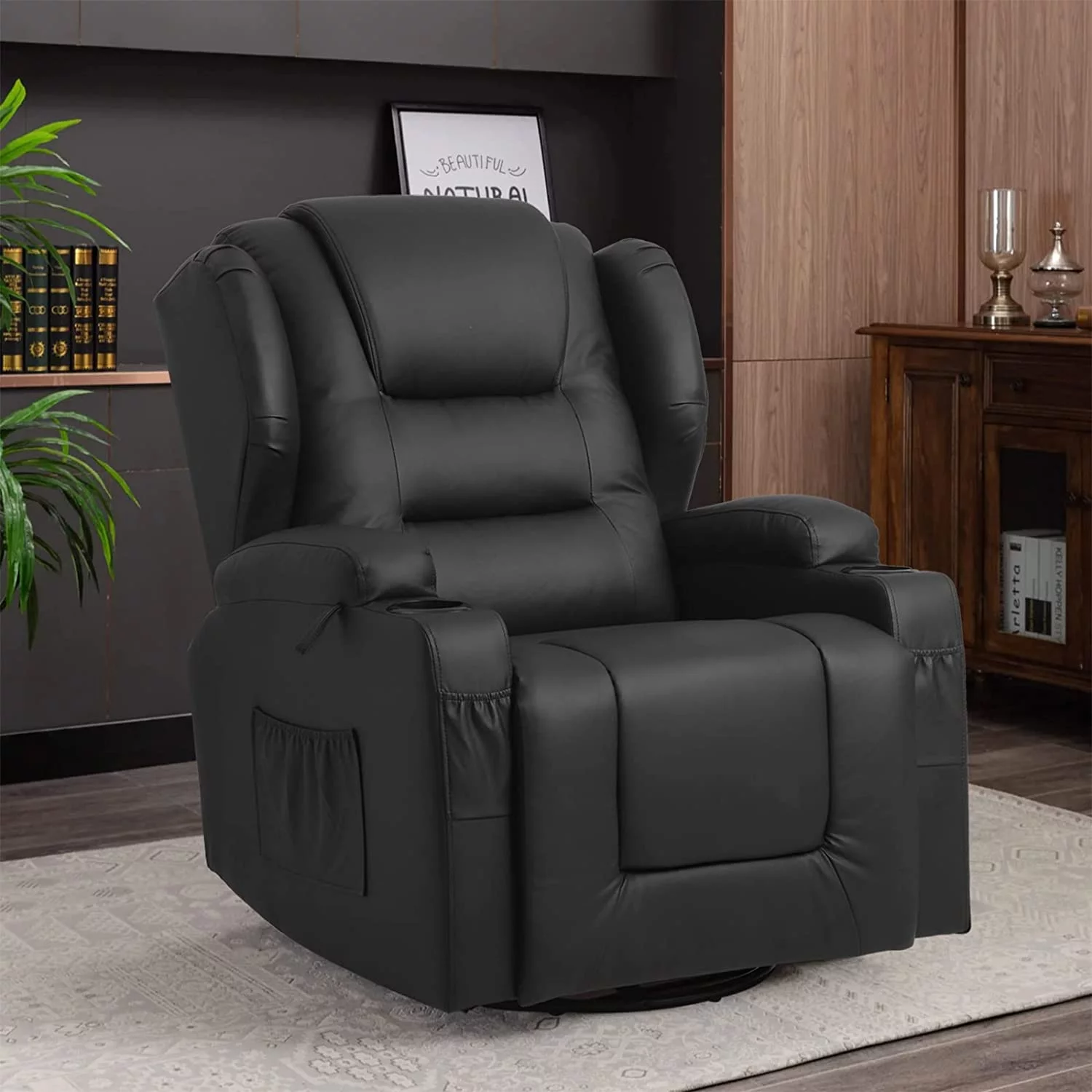 IPKIG Manual Recliner Chair, Faux Leather 360 Degree Swivel Rocker Recliner Chairs for Living Room