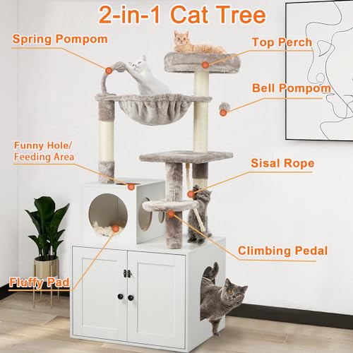 Cat Tree with Litter Box Enclosure, 2-in-1 Cat Tower for Indoor Cats, Large Wood Cat Condo with Basket, Scratching Posts, Pompoms, Rustic Brown
