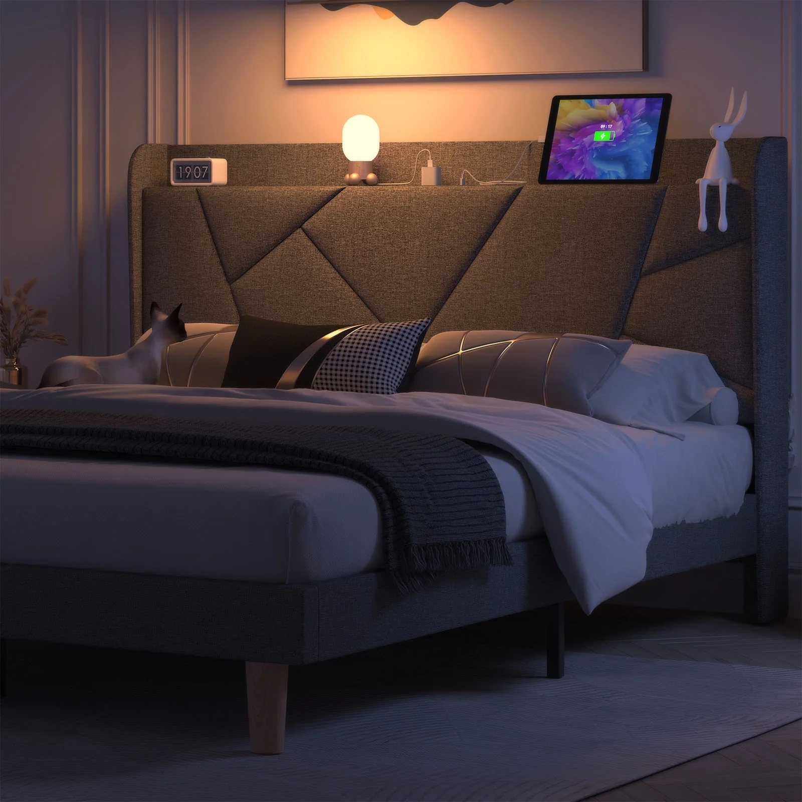 NISIEN Queen Bed Frame with Charging Station, Upholstered Platform Bed Frame with Wingback Storage Headboard, No Box Spring Needed, Dark Grey