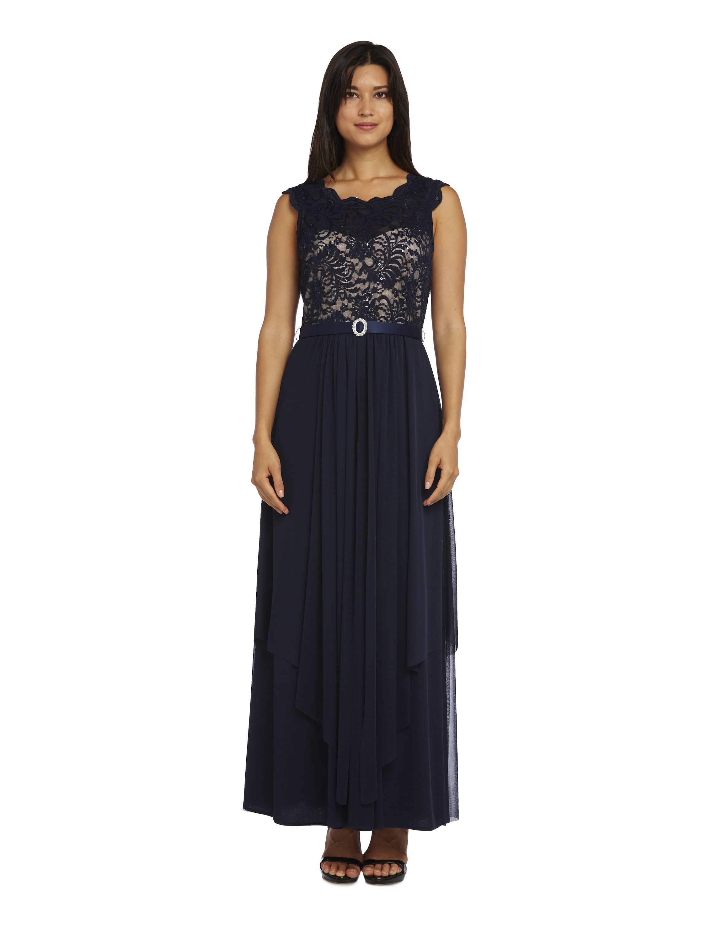 R & M Richards Women's Sequin Lace Embroidered A-line Dress, Navy/Taupe, 10