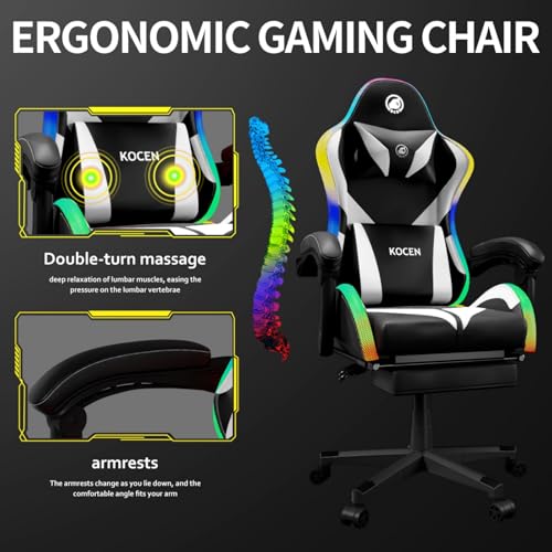 Gaming Chairs for Adults Tall and Kids，Lumbar Support,LED Lights，High Back Reclining Computer Chair with Headrest (Black+Blue)