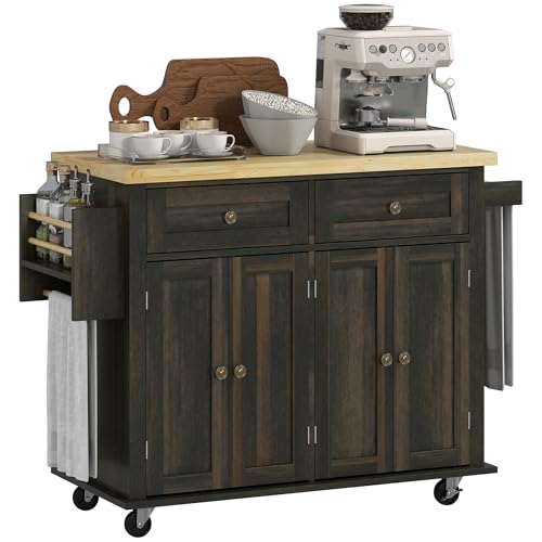 HOMCOM Kitchen Island on Wheels, Rolling Cart with Rubberwood Top, Spice Rack, Towel Rack and Drawers for Dining Room, Navy Blue