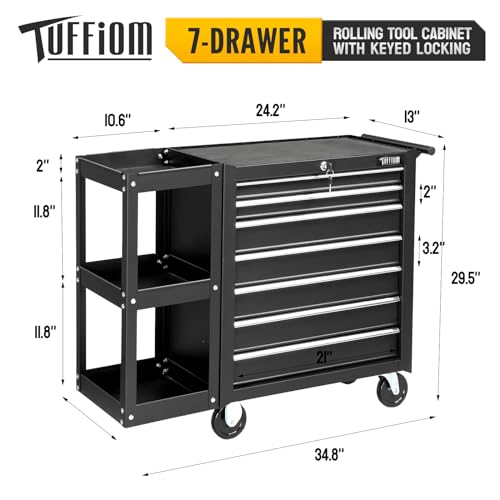TUFFIOM 7-Drawer Rolling Tool Chest with Side Shelves, Tool Storage Side Cabinet w/Lockable Wheels, Top Cushion & Drawer Liners