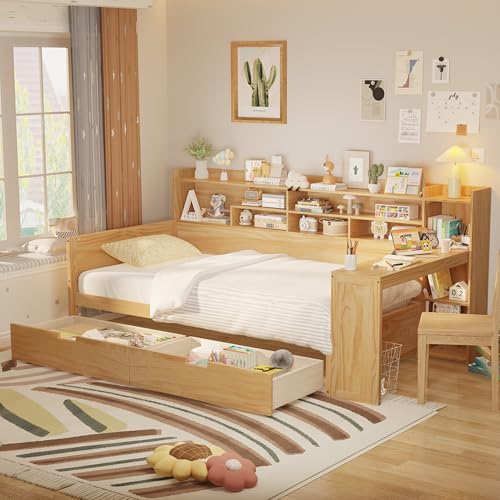 Corner Twin Bed Frame with Bookcase Storage and Desk, Wood Day Beds with 2 Drawers, Twin Size Daybed with Storage for Living Room