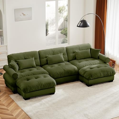 130" Modular Sectional Sofa,Velvet Upholstered Couches for Living Room,3 Seater Green Sofa Couch with Movable Ottoman