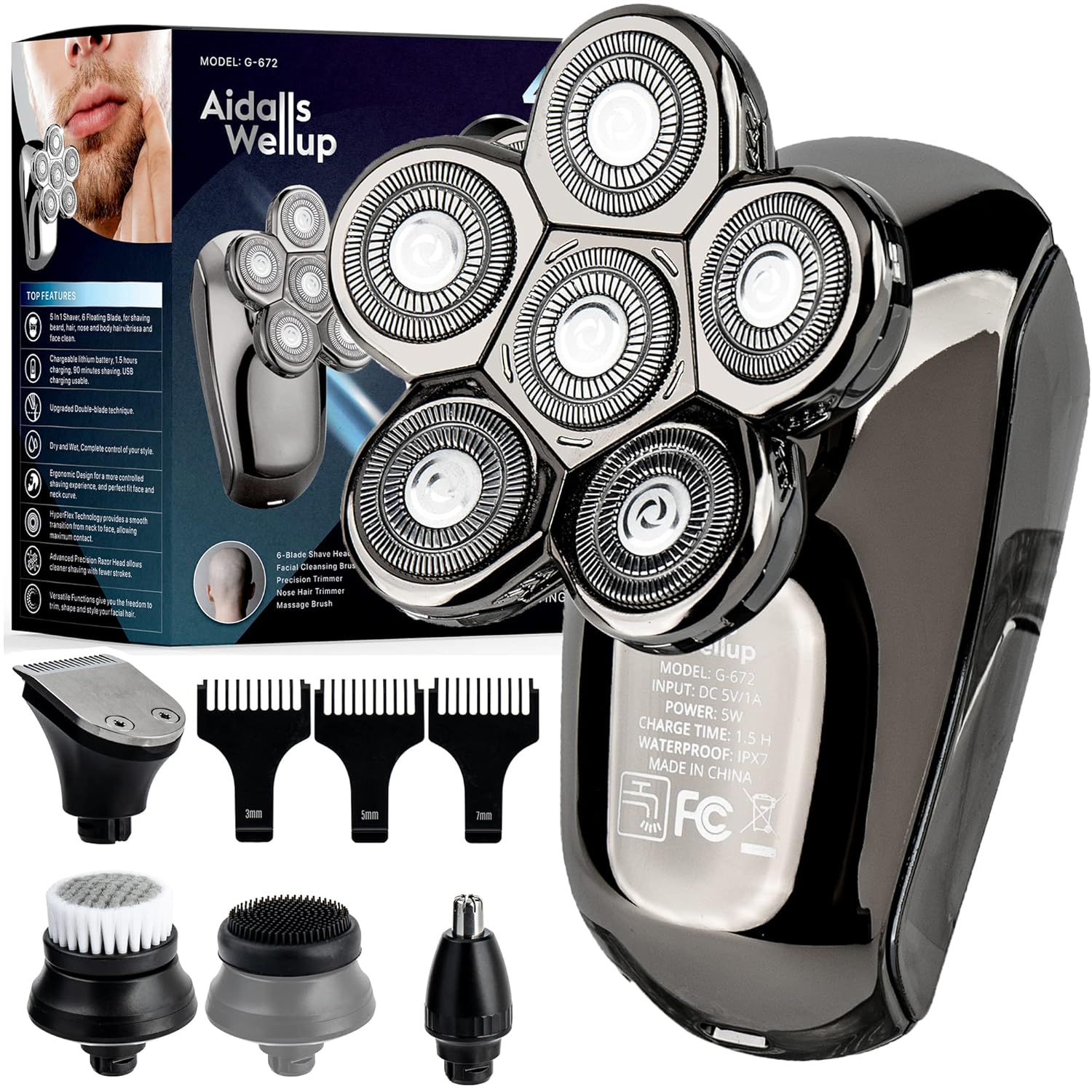 AidallsWellup Men’s 5-in-1 Electric Head Shaver for Bald Men - Head Shaver for Men - Anti-Pinch - Ergonomic Design