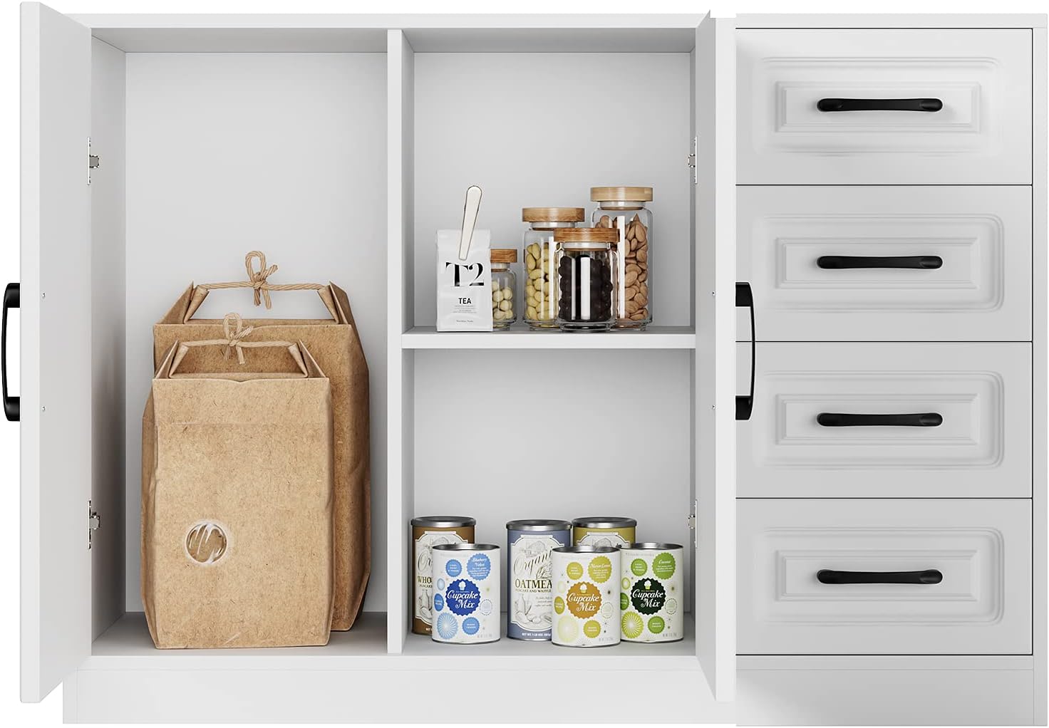 Kitchen Storage Buffet Cabinet, Large Sideboard with 2 Doors and 4 Drawers, Wood Floor Cupboard with Adjustable Shelf for Dining Room, Living Room
