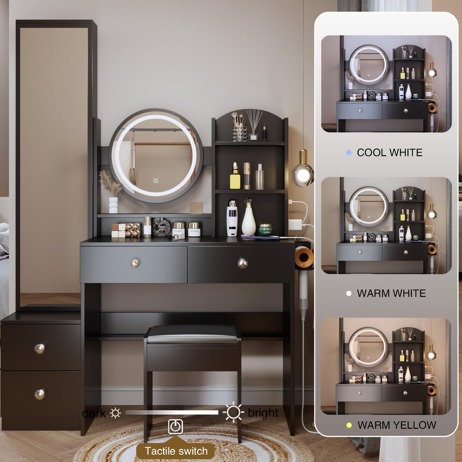 NicBex 43.3" Makeup Vanity Desk with Mirror and Full Body Mirror Cabinet, 3-Colors Vanity Mirror with 2 AC + 2 USB Socket