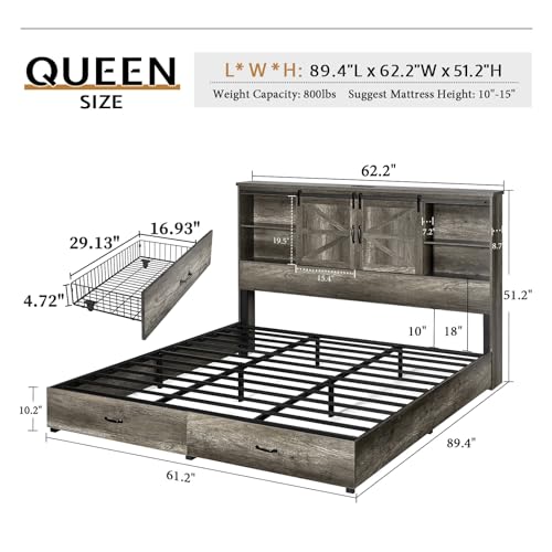 VanAcc Full Size Bed Frame, Wooden Platform Storage Bed with 51.2" Bookcase Headboard, 2 Drawers