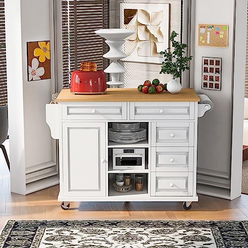 53.5''Farmhouse Kitchen Island with Power Outlet, Kitchen Storage Island with Drop Leaf, Spice Rack and Drawer, Rolling Kitchen Cart on Wheels