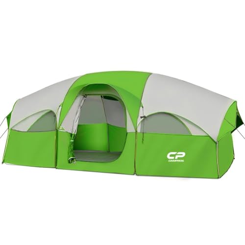 CAMPROS CP Tent 8 Person Camping Tents, Weather Resistant Family Tent, 5 Large Mesh Windows, Double Layer, Divided Curtain for Separated Room