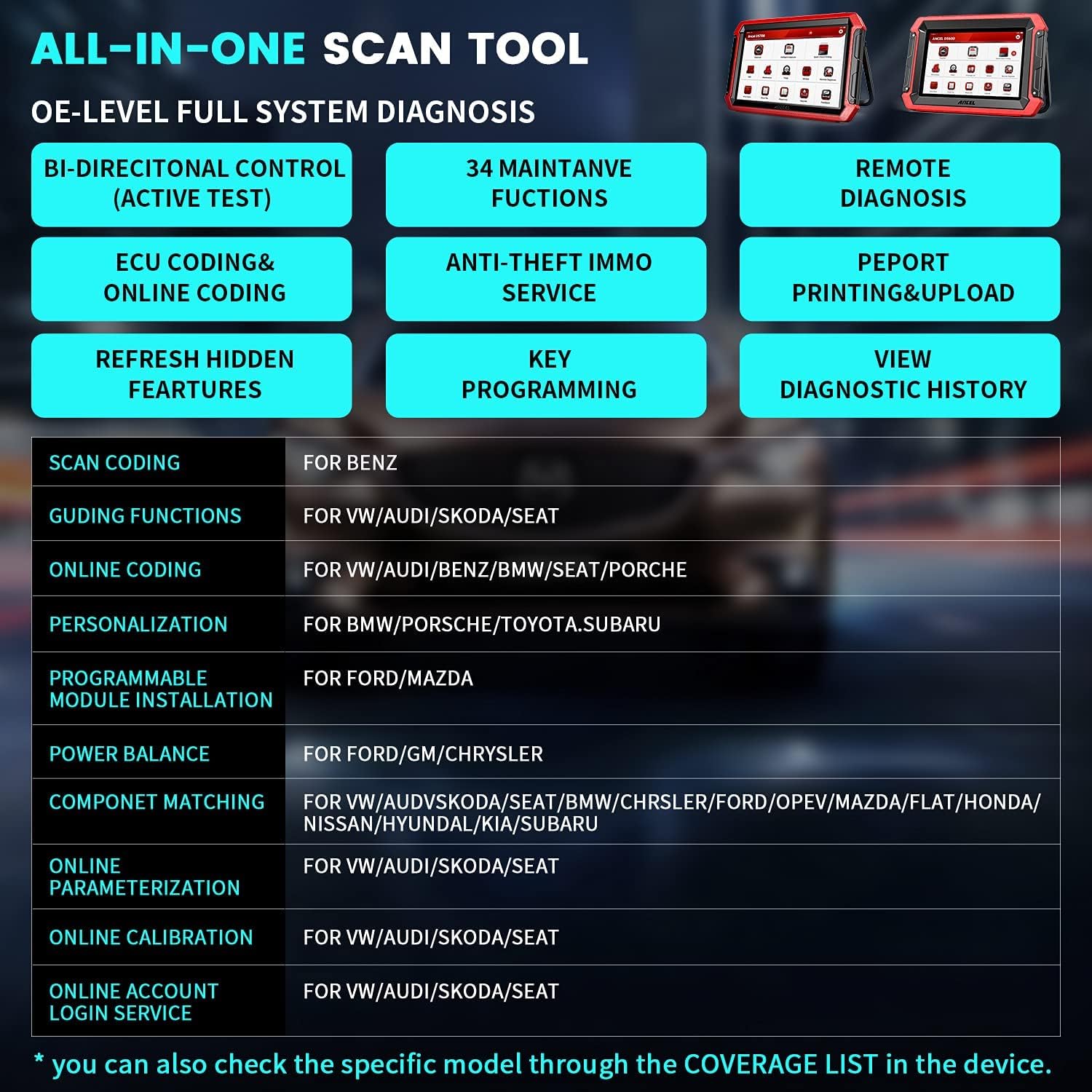 Ancel DS600 Bidirectional Scan Tool, OE-Level OBD2 All System Car Diagnostic Scaner, 34+ Services Code Reader, ECU Coding, Key Programmer