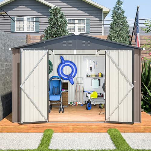 6x4 ft Small Outdoor Metal Storage Shed with Floor Frame & Lockable Door, Heightened Entry Garden Tool Shed for Backyard, Durable Galvanized Steel