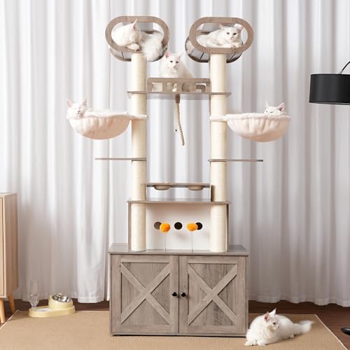 Heybly Cat Tree with Litter Box Enclosure, 76.8-inch Wooden mainecoons Cat Tower with Food Station,Extra Large Platforms
