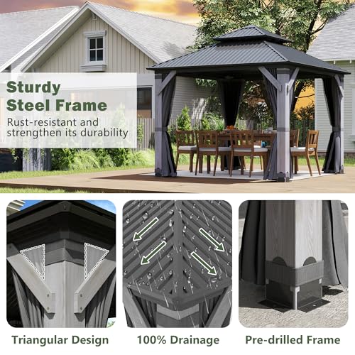 12'x12' Hardtop Gazebo, Outdoor Double Roof Galvanized Steel Gazebos, Aluminum Frame Permanent Pavilion with Curtains & Netting for Backyard, Patio