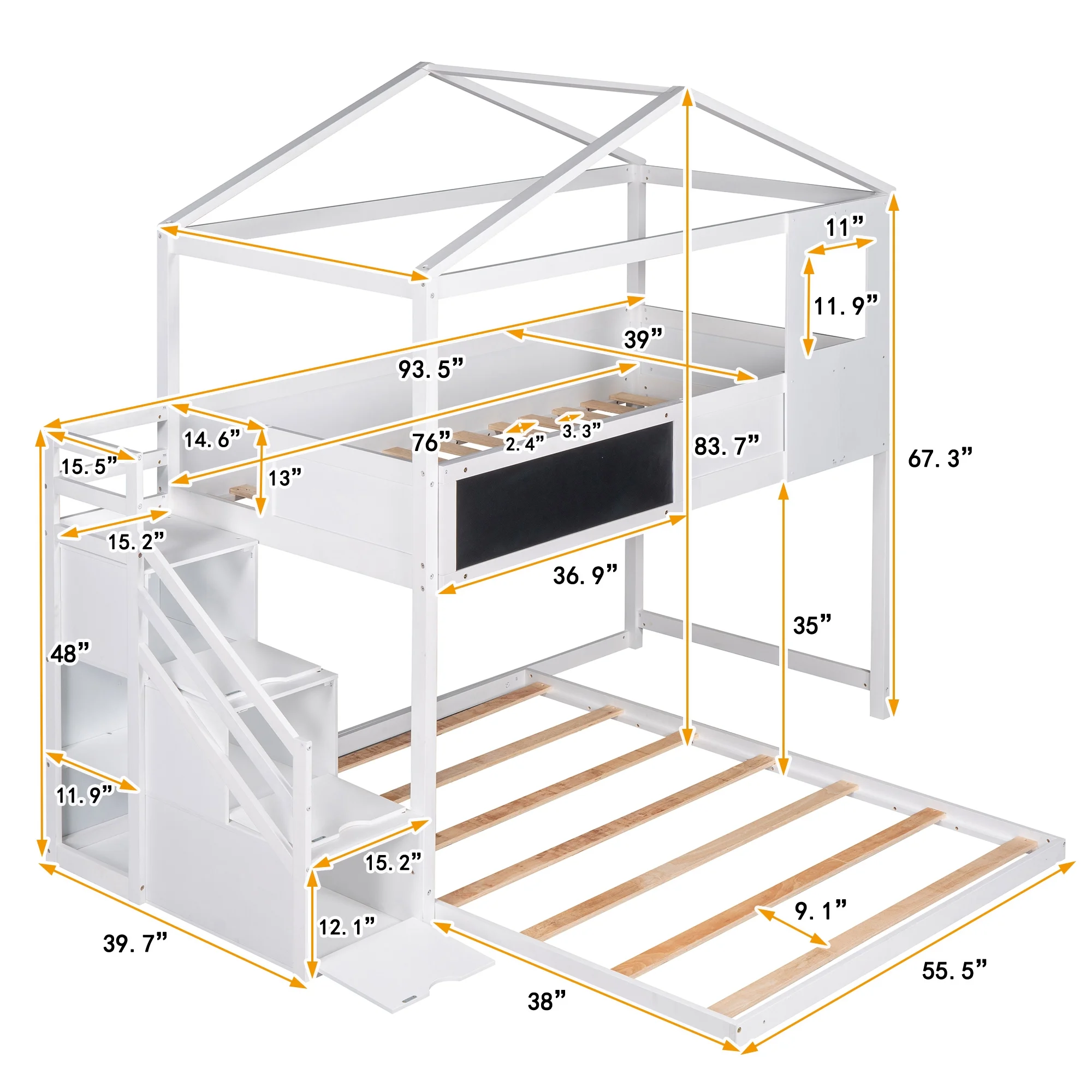SYNGAR House Bunk Beds for Kids, Solid Wood Twin over Full Bunk Bed with Storage Staircase and Blackboard