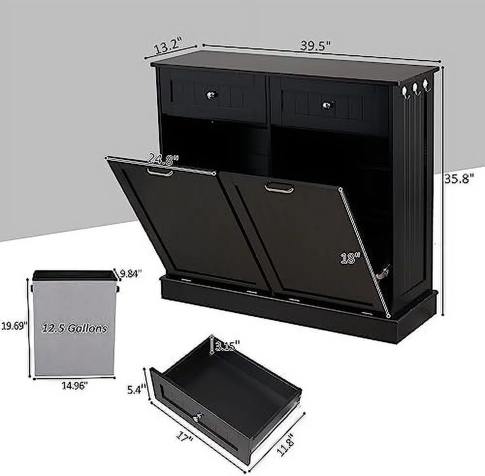 LLBIULife Double Tilt Out Trash Cabinet   Free Standing Laundry Hamper with Hideaway Drawer  Bag  20 Gallon Pet Proof  for Living Room Black
