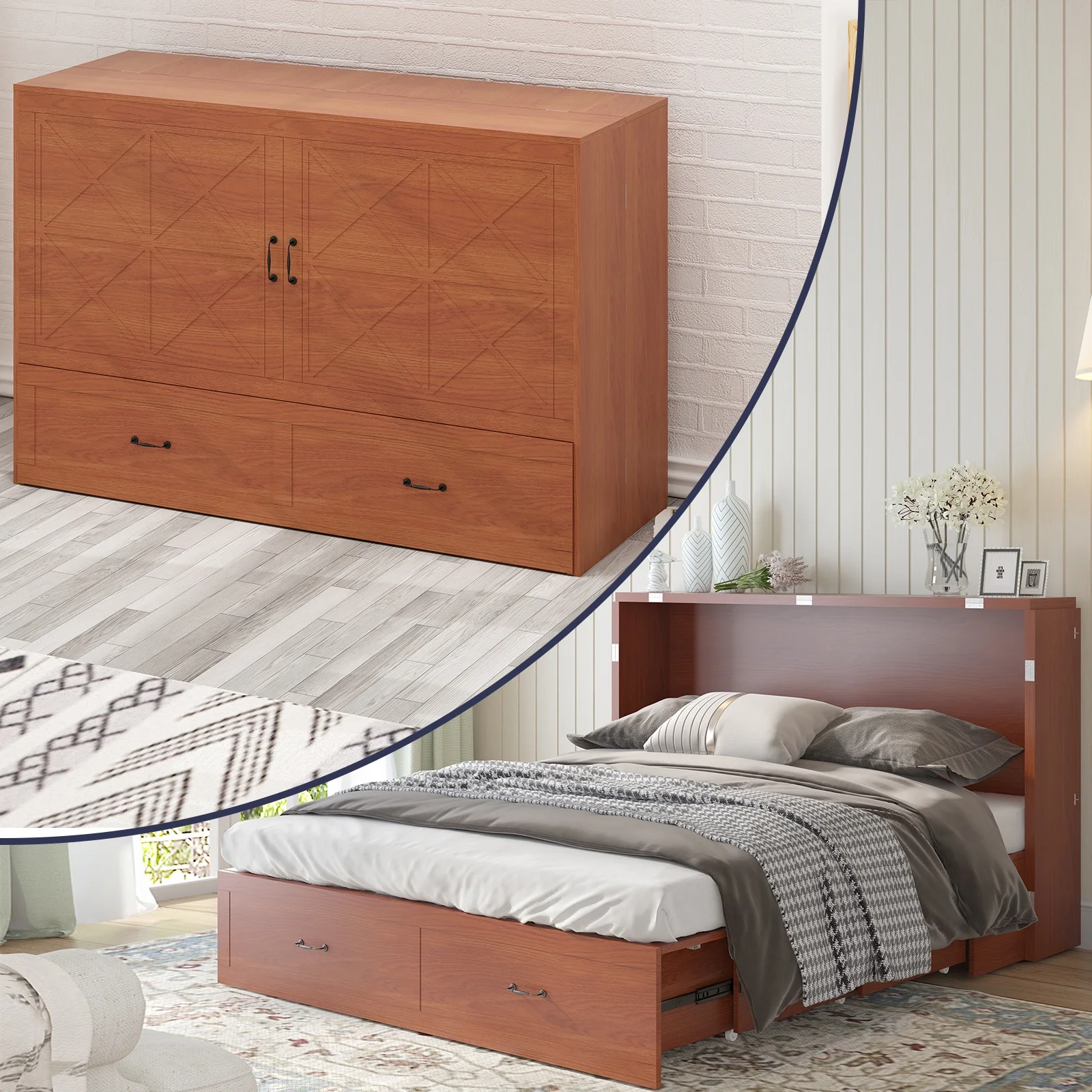 ijuicy Murphy Bed Cabinet with Built-in Charging Station and Storage Drawer, Solid Wood Cabinet Bed Queen Size with Mattress