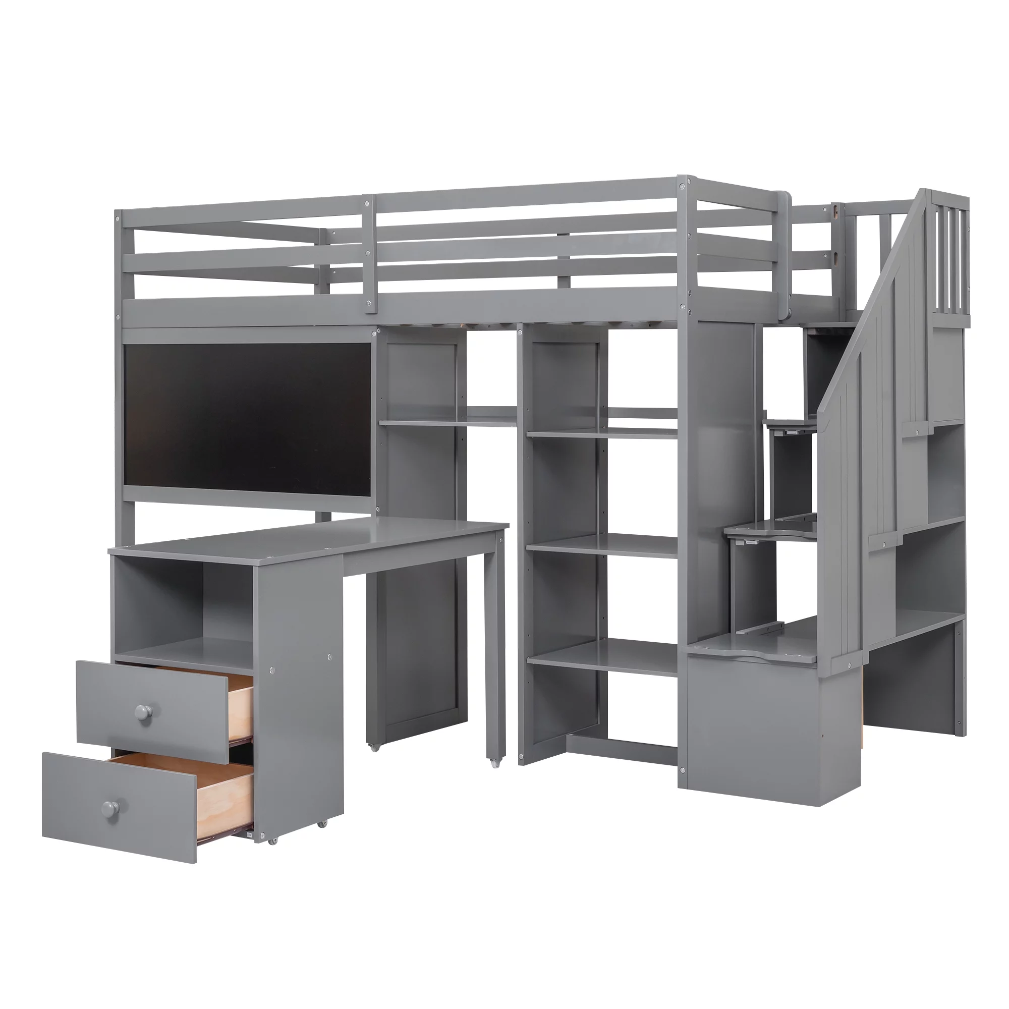 Churanty Twin Size Loft Bed with Pullable Desk and Storage, Wood Loft Bed with Staircase and Blackboard for Kids Teens Adults,Grey