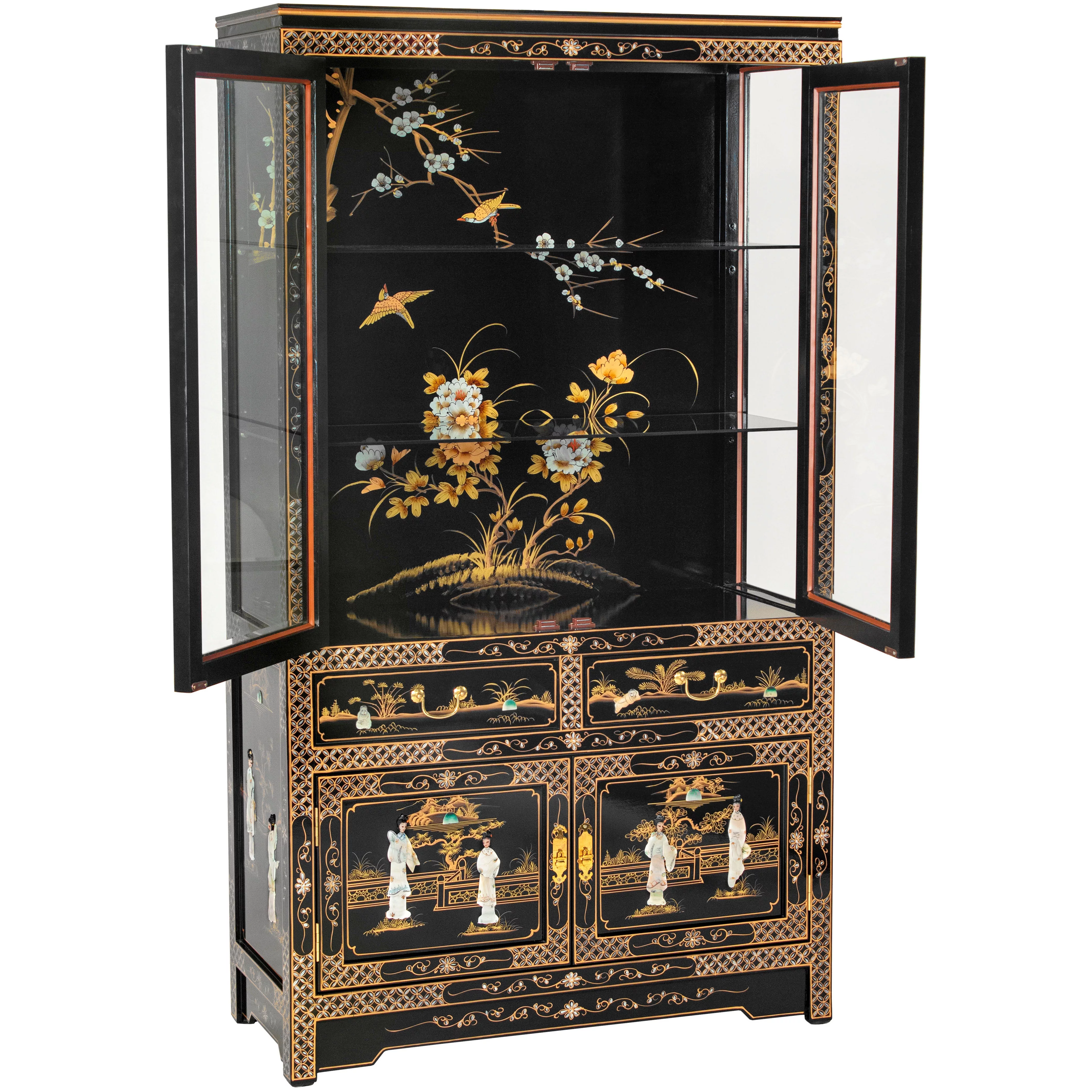 Oriental Furniture Black Lacquer China Cabinet - Royal Ladies