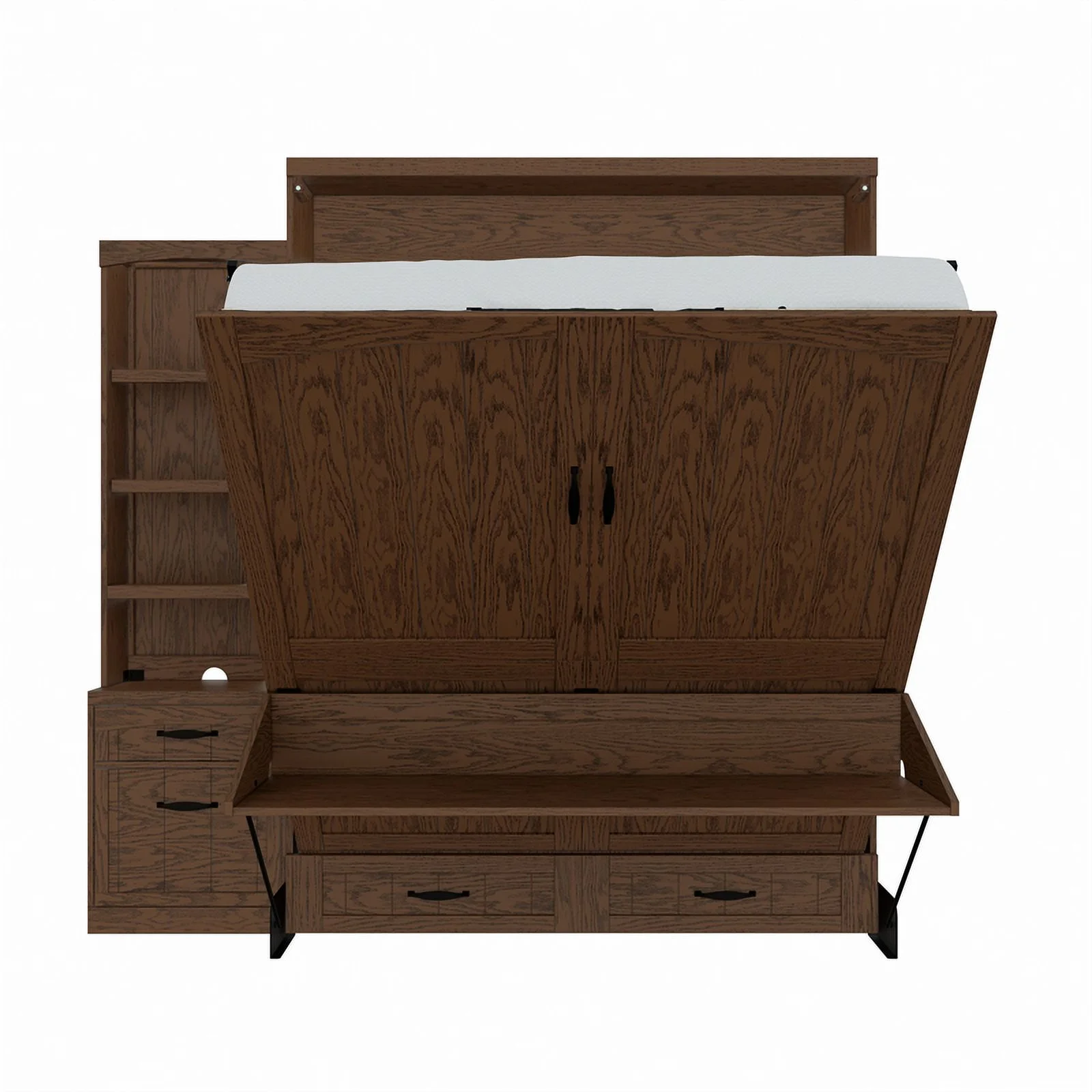 RoomAndLoft Cape Cod Wood Queen Murphy Wall Desk Bed & Shelf Storage in Brown