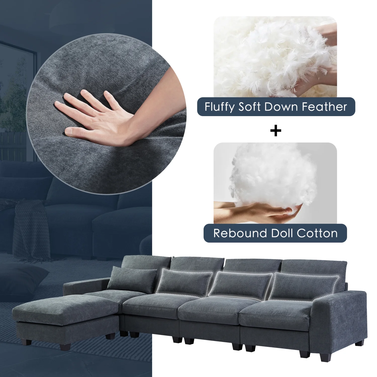 THINK 30, Dark Gray,5 Seat,Modern Large L-Shape Feather Filled Sectional Sofa,Convertible Sofa Couch with Reversible Chaise for Living Room