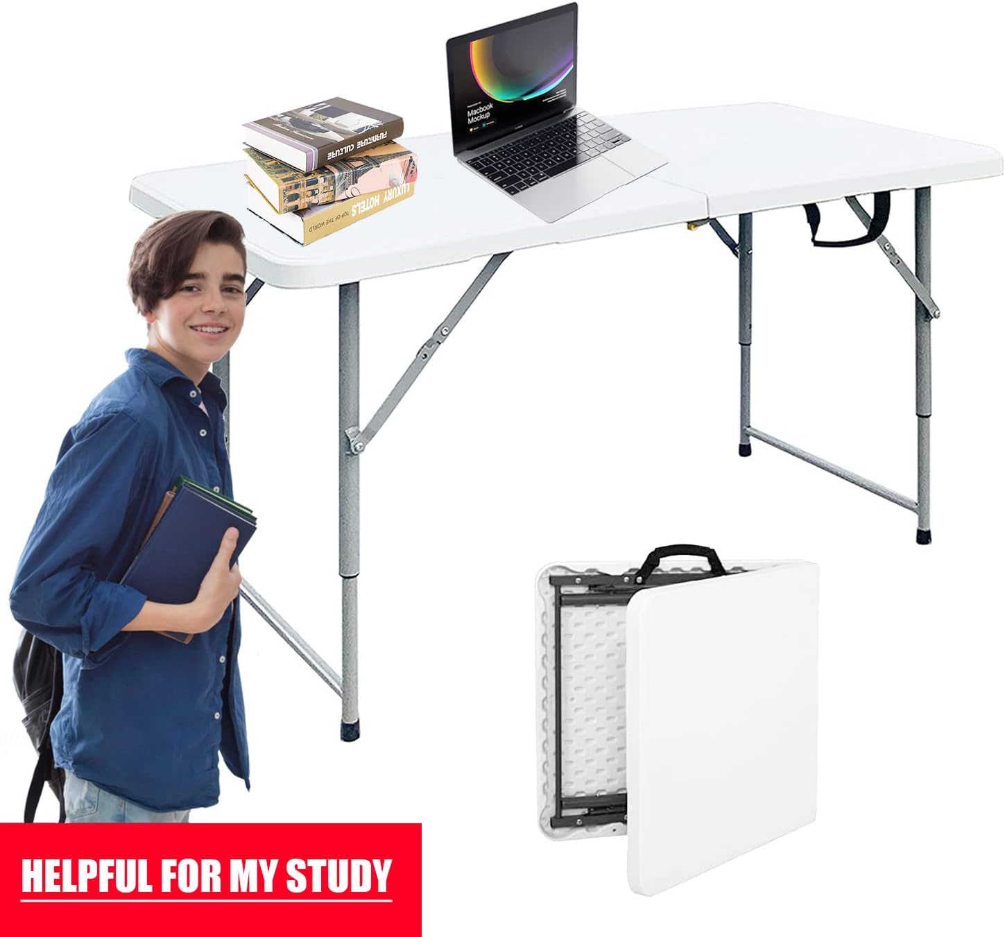 JingPieCle 4 Foot Folding Table Adjustable Height 4 ft Table Portable Plastic Dining Table Folding Utility Table 4ft Folding Card Table