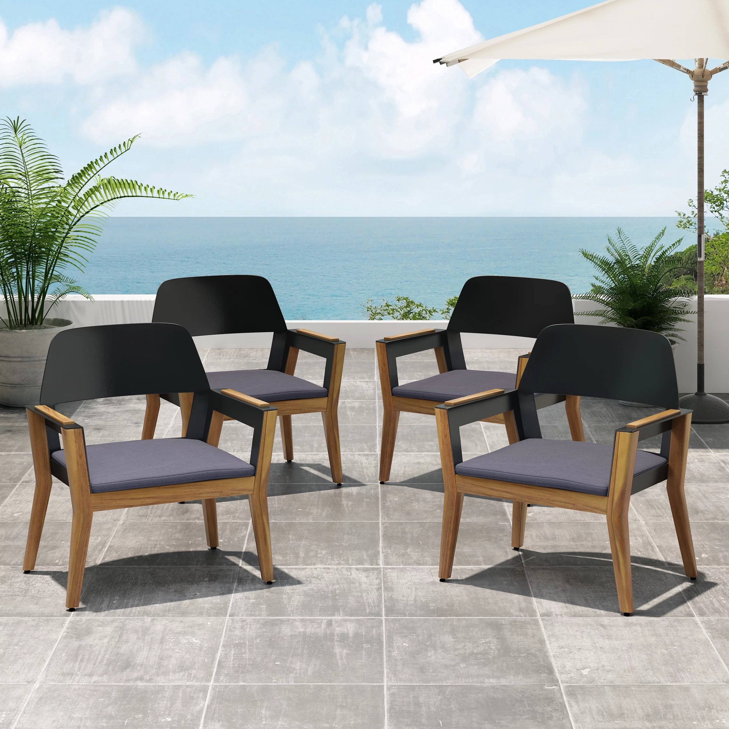 GDF Studio Osean Outdoor Acacia Wood Club Chairs with Cushion, Set of 4, Teak, Black, and Dark Gray