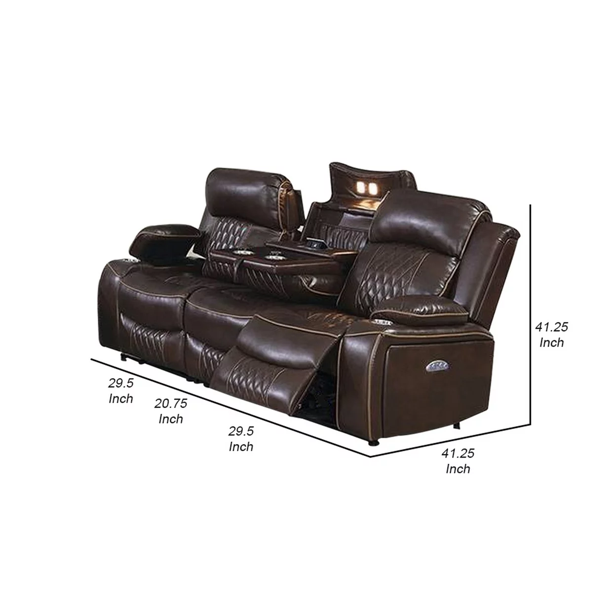 Seda 80 Inch Power Reclining Sofa USB Port Dark Brown Vegan Faux Leather- Saltoro Sherpi