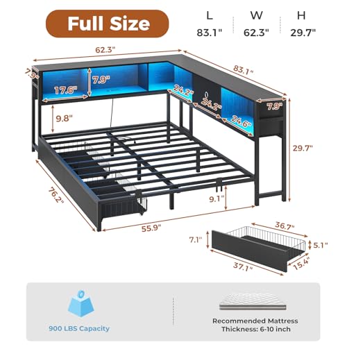 DICTAC Corner Full Bed Frame with Bookcase Storage and Led Lights Full Size Metal Platform Bed Frame with Storage Drawers & Charging Station Full