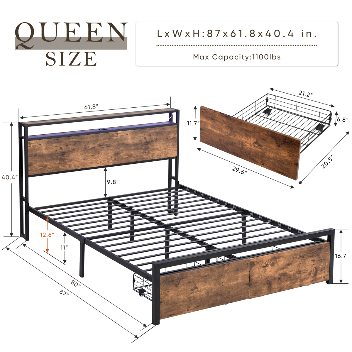 Queen Size Bed Frame with Storage Headboard and 2 Drawers, LED Lights Bed with Charging Station, Metal Platform Bed No Noise