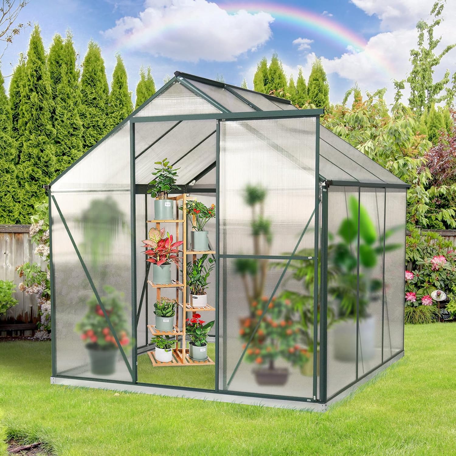 2021 Upgraded 6'x8' Hobby Greenhouse, Polycarbonate Aluminum Green House w/ Window for Winter,Heavy Duty Greenhouses Kit for Outdoor Use