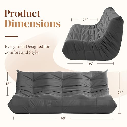 Bean Bag Chair for Adults - Suede & Microfiber Fireside Floor Chair, Comfortable Corner Lounge Sofa for Living Room, Bedroom, Office (3-Seater, Beige)