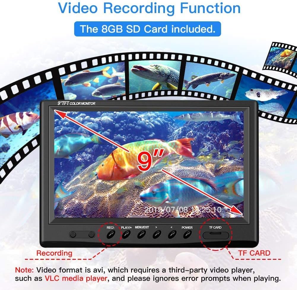 Eyoyo Underwater Fishing Camera Video Fish Finder DVR Function 9 inch Large Color Screen 360° Horizontal Panning Camera 1000TVL w/ 18 Infrared IR