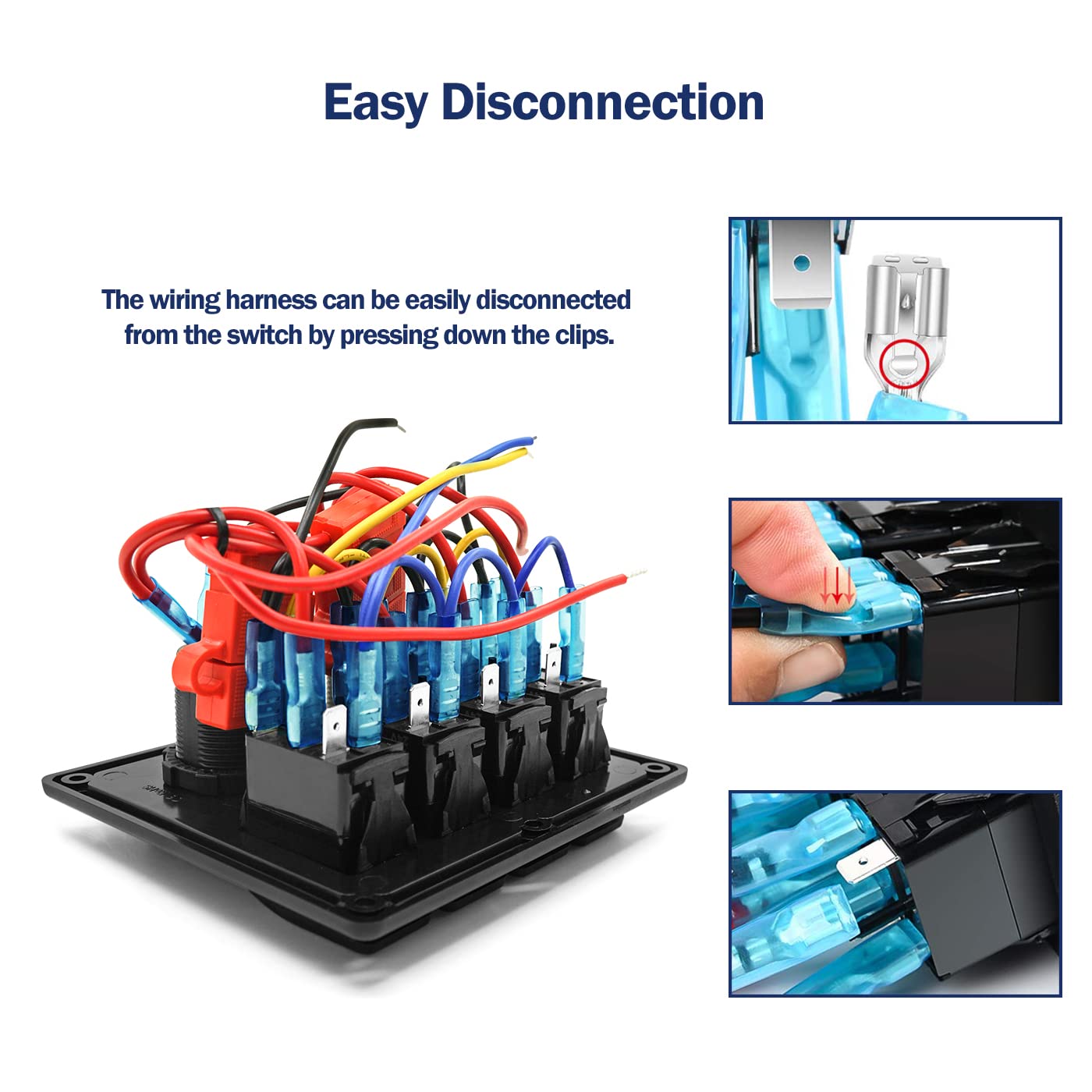 Blue 4 Position Rocker Switch Contura Panel, DC 12V 10/20 Amp 5 Pin On Off Switches, Dual 4.2A USB Port and Color Display Volt Gauge