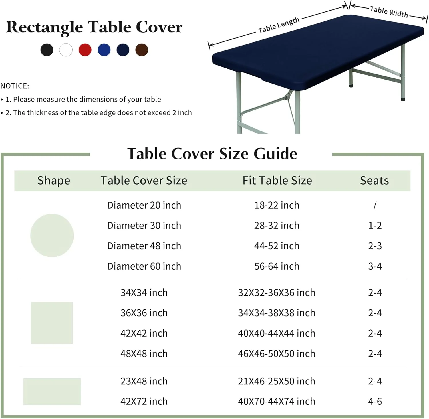 2 Pack Rectangle Fitted Tablecloth 36X60 Inch Stretch Spandex Patio Table Cover Navy Washable Table Cloth Elastic Table Topper for Indoor and Outdoor