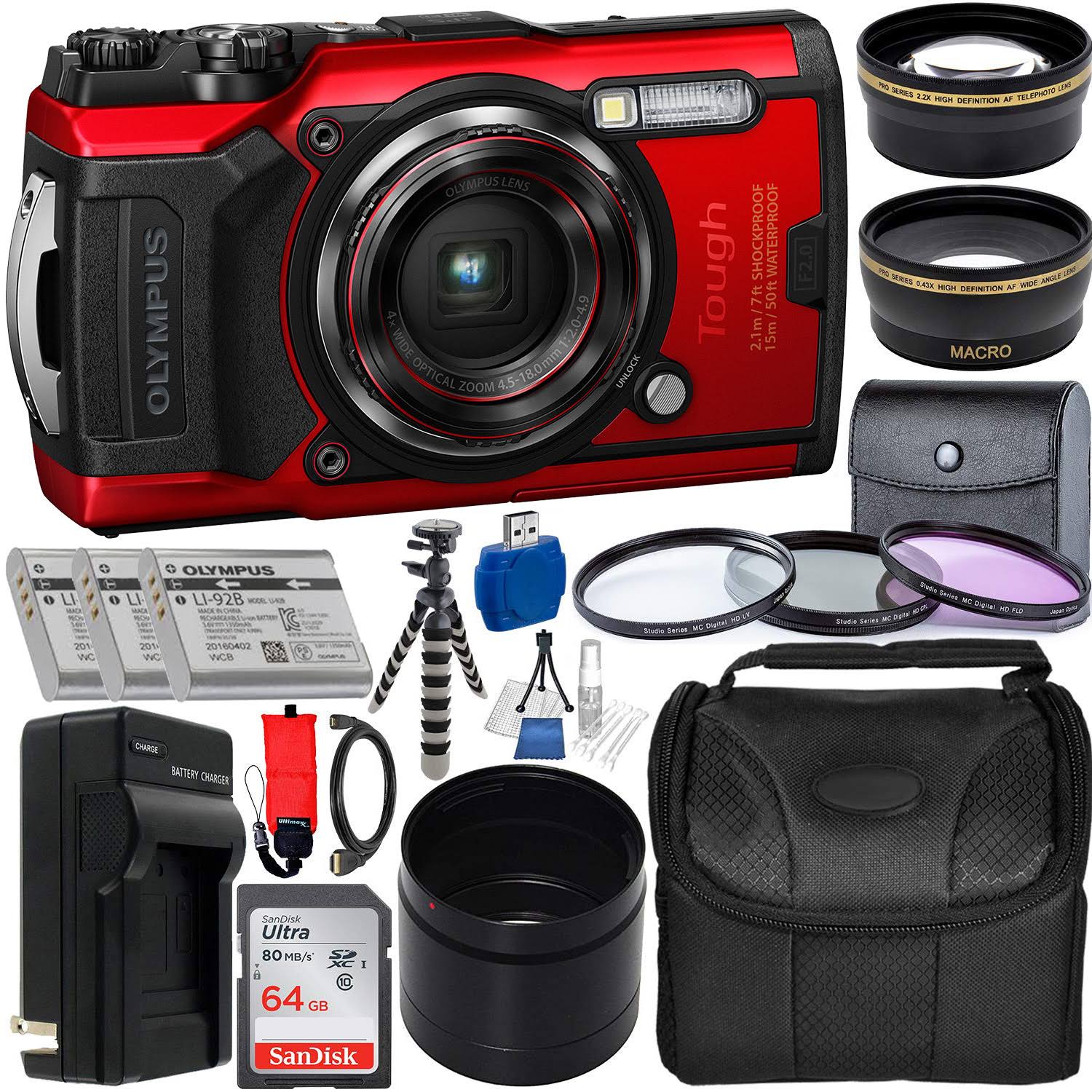 Olympus Tough TG-6 Digital Camera (Red) - V104210RU000 with Premium Accessory Bundle