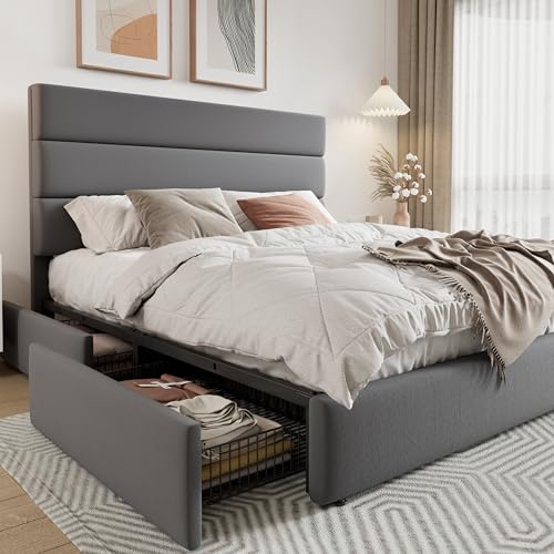 Allewie Modern Full Size Platform Bed Frame with 4 Storage Drawers and Velvet Upholstered Headboard, Wooden Slats Support