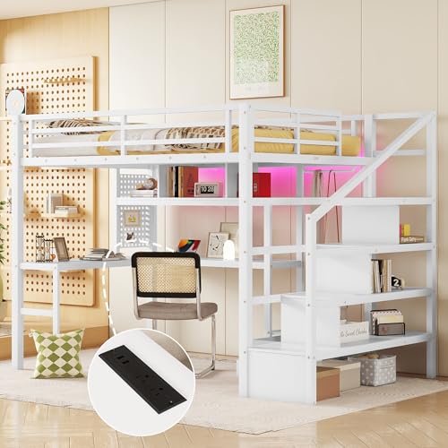 Queen Loft Bed with L-Shaped Desk and Stairs,Metal Queen Size LoftBed with Wardrobe and Adjustable Shelf, Gaming Bed with LED and USB