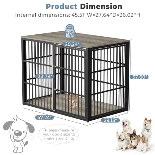 43'' Dog Crate Furniture with 3 Doors, XL Wooden Crate End Table Heavy Duty Indoor Puppy Cage for Medium to Large Dogs, Multiple Units Can be Combined