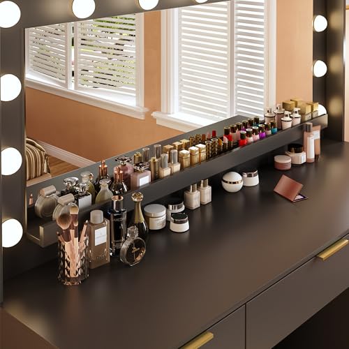 Vanity Desk with Large Mirror and Lights, 45.3in Makeup Vanity with Power Outlet 9 Drawers & Storage, 3 Lighting Color Adjustable