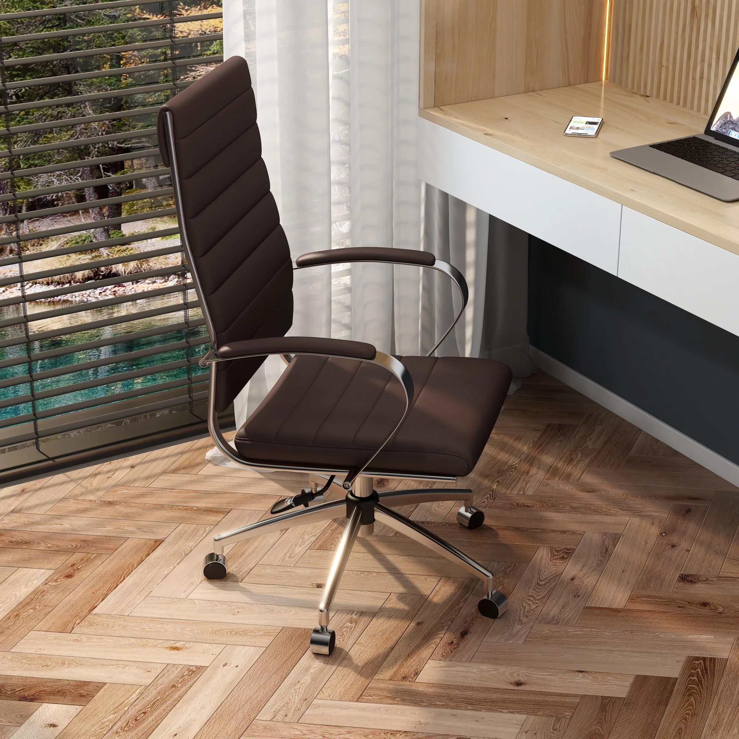 LUXMOD High Back Executive Office Chair with Armrest Adjustable Swivel Chair Brown Leather Office Chair Modern Office Chair Ergonomic Desk Chair for